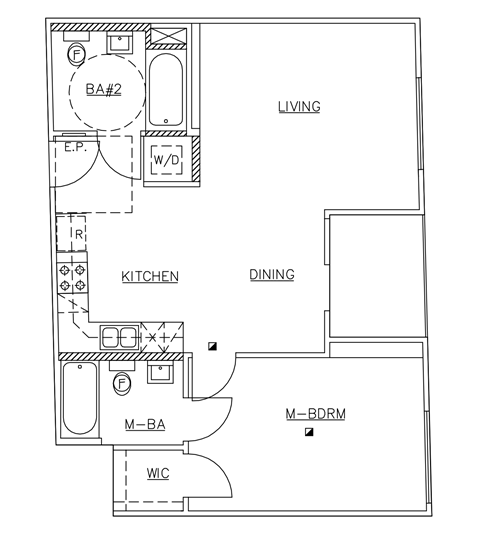 A floor plan of a living space with a kitchen and dining area.